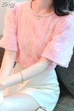 Elegant Beading Lace Blouse Puff Short Sleeve Women Korean Shirts O-neck Sweet Pleated New Casual Loose Tops Blusas