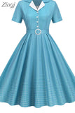 Women Summer Dress Print Plaid Robe Retro Swing Casual Elegant Vintage 50s Rockabilly Dress Party Dresses with Belt