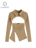 Fashion Vintage Printing Camisole + Long Sleeved Polo-Neck T-Shirt Women Sexy Slim Street Style Crop Tops 2022