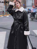 Winter Long Warm Thick Leather Trench Coat for Women with Faux Fur Inside Belt Loose Korean Fashion 2023 Fur Lined