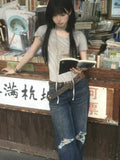 Print Casual Crop Tops Summer Vintage Punk Bamdage Slim T-shirts Y2k Aesthetics Harajuku Grunge Short Sleeve Sexy