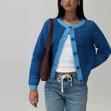 Contrast O-neck Single Breasted Long Sleeve Cardigan- Outfit