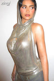 Summer Backless Hood Sleeveless Women 2 Piece Set Sexy Fashion PU Material Ladies Tops Beach Party Casual