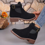 And Winter New Large-Size Women Thick-Bottomed Boots Belt Buckle Decorated Round Head Short Boots