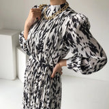 Summer Office Lady Print Pleated Dresses Female Bandge Elegant Chiffon Vestidos Women Fashion