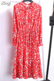 Floral Print Women Dress Female Autumn Long Sleeve Vintage Chiffon Bow Tie Neck Office Lady Shirt Dress Summer