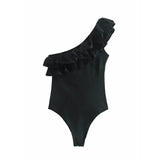 Women Ruffles One Shoulder Sexy Jumpsuit Swimwear Solid 2 Color Alternative Beach Bathing Suit Skinny Body