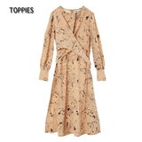 2021 Long Dress for Women O Neck Long Sleeve Fashion Print Chic Belt zipper Loose Midi Dress