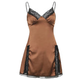 Patchwork Lace Slip Satin Sexy Dress Women V Neck Backless Sleeveless A Line Mini Dresses Ladies Party