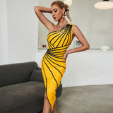 One Shoulder Bandage Dress for New Year 2022 Women Yellow Bandage Dress Bodycon Sexy Party Dresses Evening Club