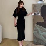 O Neck Pullover Flare Sleeve Knitted Dress Women High Waist Solid Vestidos Summer 2021 New Slim Robe Temperament