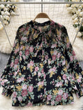 Korean Print Chiffon Shirt Bow Neck Long Sleeves Loose Leopard Top Casual Paisley Vintage Floral Blouse Spring