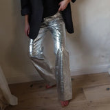 Zingj New Autumn And Winter Silver PU Leather Pants Fashion Scale Pattern High Waist Long Straight Leg Pants Children Style-Outfit