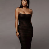 Women Fashion Summer Sleeveless Bodycon Mesh See Through Soild Color Long Dress Sundress 2021 Female Clothing