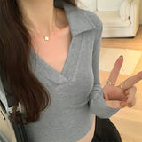 Style Spice Girl Polo Waist Long-Sleeved T-Shirt Women's Early Autumn New Bottomed Shirt White