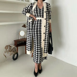 Korean Sweater Set Fashion Vintage Style V-Neck Long Knitted Sweater Coat + Houndstooth Vest Dress Female Two-Piece