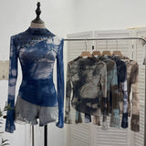 Pure Want To Play The Bottom Of The Long-Sleeved T-Shirt Design Hollow Print Irregular Mesh Yarn Personality Hottie Top