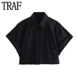 Black Crop Top Women Short Sleeve Cropped Shirt Woman Fashion Loose Summer Blouses For Women 2023 Collared Button Up