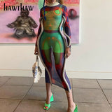 Women Sexy Autumn Long Sleeve Printed Bodycon Mesh See Through Midi Dress 2021 Fall Clothes Wholesale Items