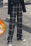 Fashion Warm Plush Pants Thick Plaid Women Casual Loose Wide Leg Trousers Korean Streetwear Straight Student Pants New