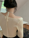 Fashion Women Cropped Sweater Korean V Neck Y2K Tops Halter Off Shoulder Knit Sweaters Long Sleeve Fake Two Piece