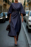 Women's Fashion Temperament Elegant Solid Color Waist Dress Casual Bat Sleeve