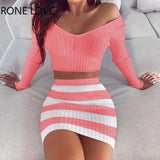 Women V-Neck Striped Long Sleeve Crop Top & Mni Skirt Sets Casual