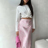 Pink Printed Satin Midi Straight Skirt- Outfit