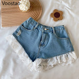 Sweet Lolita Style Denim Shorts Sets Girls Sexy Lace Bandage Camisole Crop Tops Ruffles Jeans Short Pants Women 2PC
