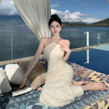 Zingj Neck Dress Female Summer Tassel Small Crowd Sexy Slim Temperament Socialite Dress