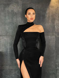 Women Midi Dress High Split Partywear Hollow Out Bodycon Sexy Nightclub Womens Elegant Christmas Dress New Year