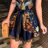 Women Print Tie Waist Sleeveless Shirt Dress Miini Dress Elegant Fashion Chic