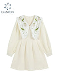 Dress Long Sleeve Embroidery Chic Peter Pan Collar Mini Dresses Female Vintage Elegant High Waist A-line Frocks