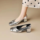Vintage Silver Shallow Mouth Sandals Women's Low Heel Summer 2025 New Style Elegant Soft Leather Square Head Thick Heel Mary Jane