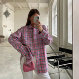 Zingj 2023 Vintage Versatile Cotton Lapel Long-Sleeve Shirt Loose Casual Pink Plaid Shirt Women's Wear-Outfit