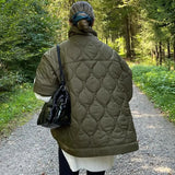 Half Zipper Loose Waterproof Cloak Type Cotton Coat Female Half Sleeve Diamond Lattice Wire Padded