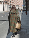 Autumn Winter Long Oversized Warm White Patchwork Plaid Wool Blends Trench Coats Women with Hood Runway Korean