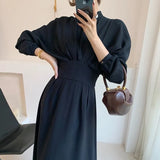 Long Sleeve Elegant Autumn Bodycon Dress Women Women's Spring Slimming Pleated Stand Collar Midi Dress Dresses