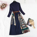 Women's Knitted Patchwork Printing Pleated Dress Autumn Fashion Long Sleeve O Neck Belt Midi