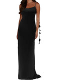 Satin Backless Spaghetti Strap Long Dress for Women Sexy Backless 3D Flower Tassels Dress Party Cocktail Y2K