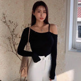 Shoulder Tshirt Woman Backless Sexy T Shirt Women 2021 Summer T-Shirt Long Sleeve Korean Style Slim Elasticity