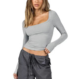 Women's Sexy Long Sleeve Crop Top Solid color, Slim fit top Spicy Girl T-shirt U-neck long sleeved shirt Y2K
