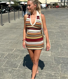 Knitted Stripe Halter Collar Mini Dress- Outfit