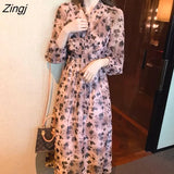 Women Fashion Floral Mid-calf Lantern Sleeve Slim Holiday Female A-line Spring Fall V-neck Chic Vestidos Vintage