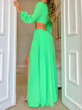 Color Long Sleeve Skirt 2023 Women's Fashion Green Elegant High Slit Hollow Female Dress Hollow Out