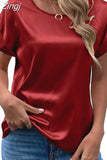 Lady Short Sleeve Satin Blouse Loose Casual Round Neck Solid Shirts Fashion 2023 Summer Elegant Tops Women Clothing