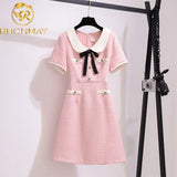 Dress Solid Peter Pan Collar Sweet French A-Line Dresses Woolen High End Vintage Runway Designer Bow Vestidos