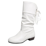 And Winter Large-Size Student Knight Boots Low With Round Head Tied With Warm Mid-Sleet Boots