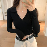 Style Spice Girl Polo Waist Long-Sleeved T-Shirt Women's Early Autumn New Bottomed Shirt White