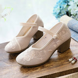 Zingj Heel High Heels Single Shoes Ethnic Style Embroidered Cloth Shoes Retro One Word With Thick Heel Solid Color Women's